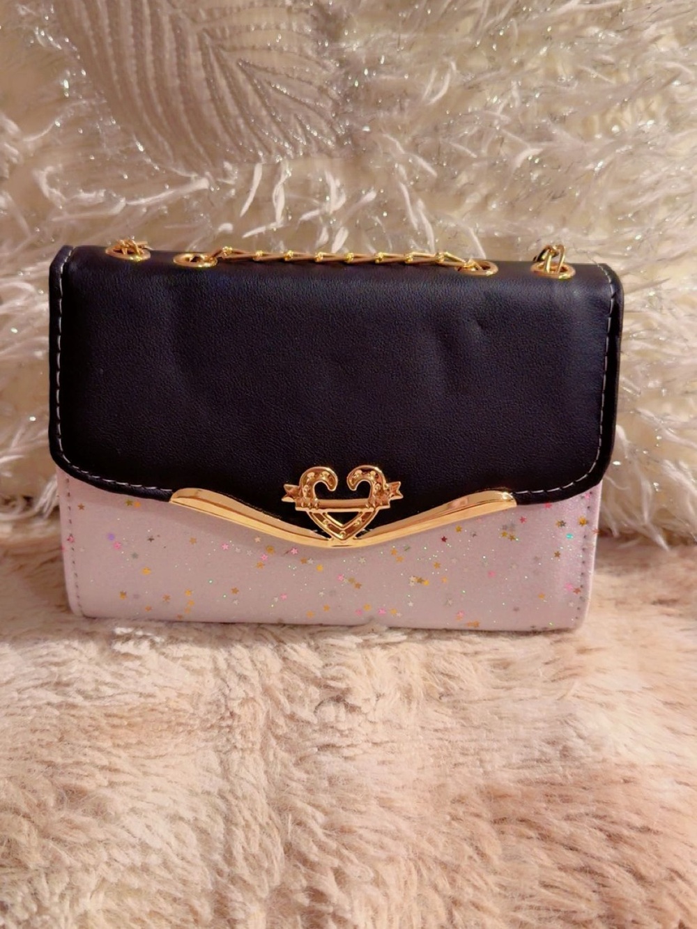 SHEIN Black Flap Pink Glitter Heart Chain Crossbody Bag